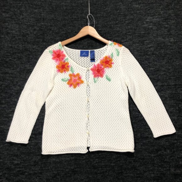 JH Collectibles Women's Size Medium Sweater Ribbon Embroidery Button up Floral - Picture 2 of 8